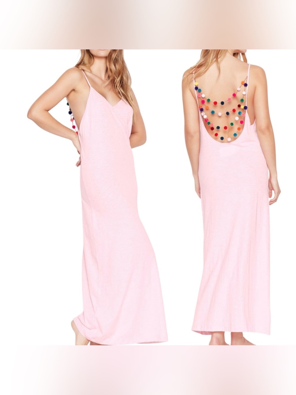 New PITUSA Pink Pom-Pom Rio Farm Necklace Back Drape Maxi Cover Up Dress M L XL